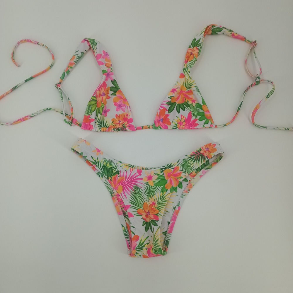 Kulani Kinis Tropical Floral Bikini Set XS Triangle Top High Cut Bottom Pink